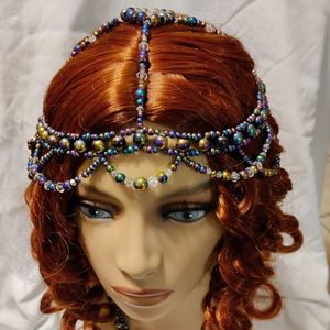 Beaded Head Piece made of Black glass beads with multi-colored coating.